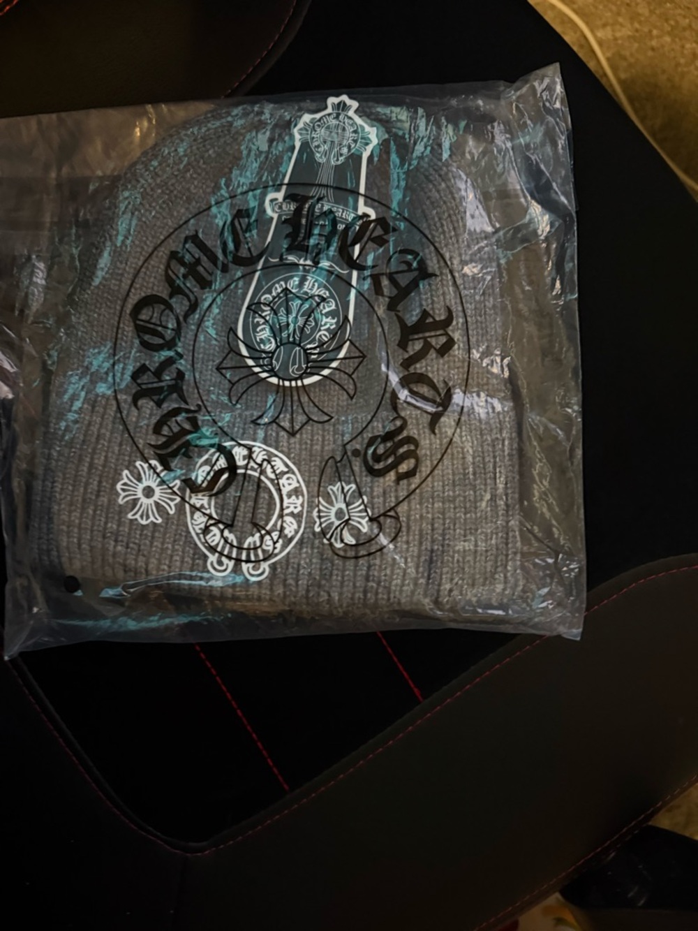 Chrome Hearts Gray Rib Knit Beanie with Black Logo Packaging